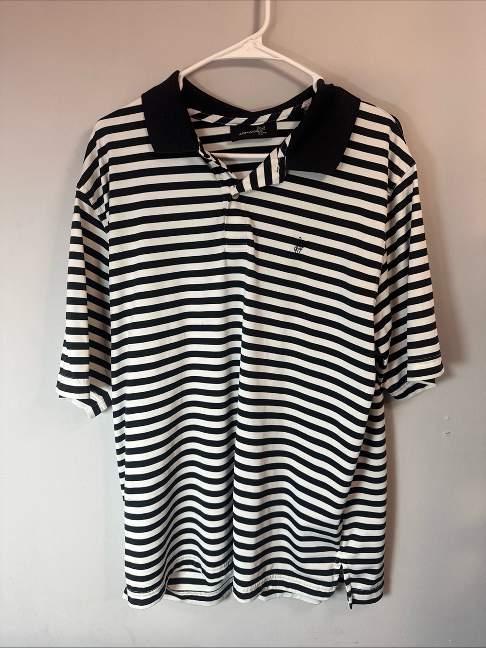 Ashworth Men's Black & White Striped Polo Shirt - Classic Casual